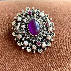 Sarah Coventry big oval brooch pendant combo faux Pearl and purple on pewter